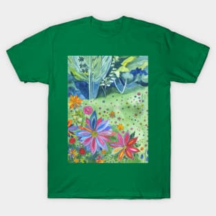 Woodland meadow painting with multicoloured flowers T-Shirt